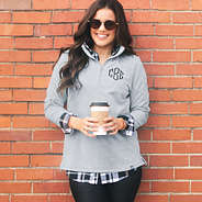 Gray pullover sweatshirt with button down tunic underneath