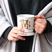 initial crest monogrammed coffee mug in white and gold