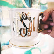 monogrammed coffee mug with gold lettering