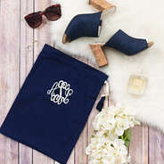 navy monogrammed shoe bag with mules