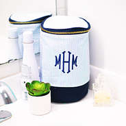 monogrammed blue seersucker ditty bag in bathroom