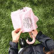 pink pebbles umbrella in hand