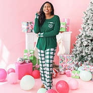 green plaid personalized christmas pajama long sleeve set with christmas tree and presents