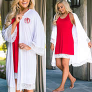 red lace sleep gown with white monogrammed robe