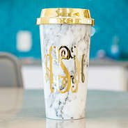 gold and white marble monogrammed travel mug