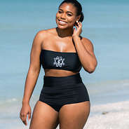 monogrammed bandeau top with high waisted bikini bottoms