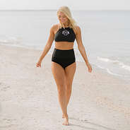Black High Waisted Foldover Bikini Bottoms on the Beach