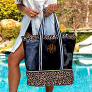monogrammed beach cooler tote in cheetah by pool