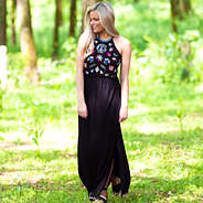 personalized black maxi dress with embroidered flowers