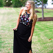 black floral embroidered mexicali black maxi dress with monogram
