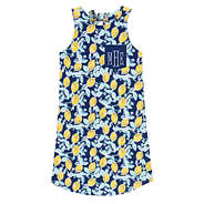 monogrammed bow swing dress in lemon print and navy