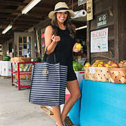 Striped Market Tote Bag with girl at farmers market