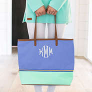 blue and mint monogrammed expandable overnight bag