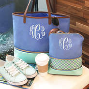 blue and mint gingham expandable bags with monogram