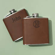 duo of personalized leather wrapped flasks