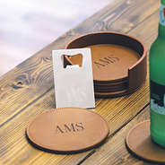 silver Engraved Bottle Opener and monogrammed drink coasters