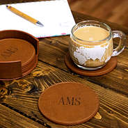 Monogrammed Leather Coasters with Coffee Mug