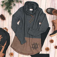 mixed media cowl neck tunic in gray and brown color block with monogram