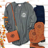 personalized rustic tunic with monogrammed scalloped crossbody and monogrammed cowboy boots