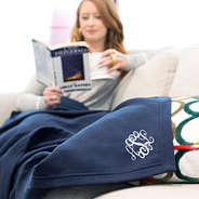navy monogrammed sweatshirt blanket with book