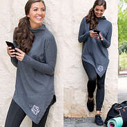 monogrammed top in charcoal with leggings and gym bag