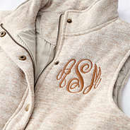 close up of heathered oatmeal vest monogram