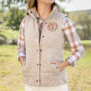 heathered oatmeal quilted monogrammed vest with plaid layering tunic