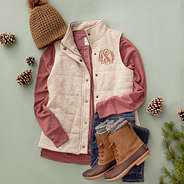 heathered quilted oatmeal monogrammed vest with waffle henley