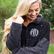 monogrammed black and charcoal sherpa pullover