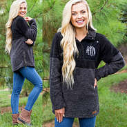 monogrammed colorblock sherpa pullover with jean and duck boots