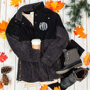 monogrammed sherpa colorblock pullover with black monogrammed duck boots