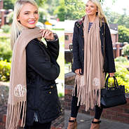 model wearing personalized large fringe scarf in camel