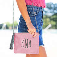 rose gold monogrammed glitter crossbody with jean skirt