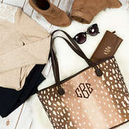 monogrammed deer tote with lace hem sweater and monogrammed booties