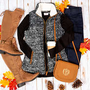 heathered sherpa vest with monogrammed riding boots and monogrammed interchangeable crossbody fall outfit