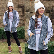 heathered sherpa vest with vintage mountain tee and monogrammed duck boots