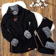black sherpa pullover with black sherpa booties