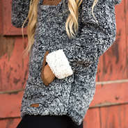 side hem of monogrammed heathered sherpa hoodie