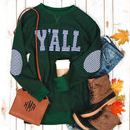 y'all pullover sweatshirt in green with striped elbow patches