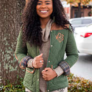 quilted monogrammed barn coat with boyfriend sweater