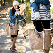 monogrammed aspen tote purse with cute outfit and coffee
