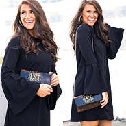 monogrammed hard tortoise clutch with black dress