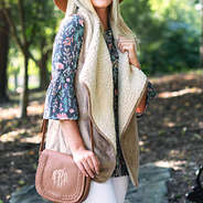 faux suede and sherpa reversible vest with floral bell sleeve top