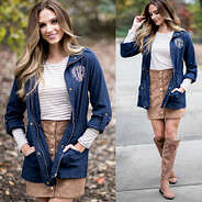 navy monogrammed field coat with striped tunic and reversible skirt