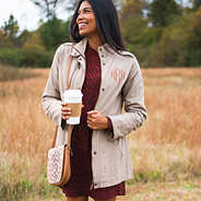 monogrammed sweater dress with monogrammed field coat