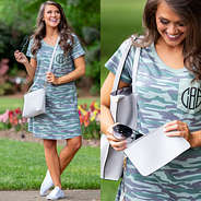 gray monogrammed tote set with camo dress