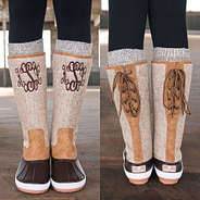 front and back of personalized tall duck boots with duck boot socks