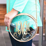 monogrammed circle clear crossbody with teal shirt