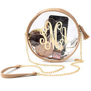 monogrammed clear circle crossbody bag with gold chain and tassel zipper
