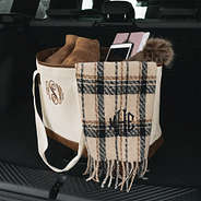 tan plaid scarf in car trunk